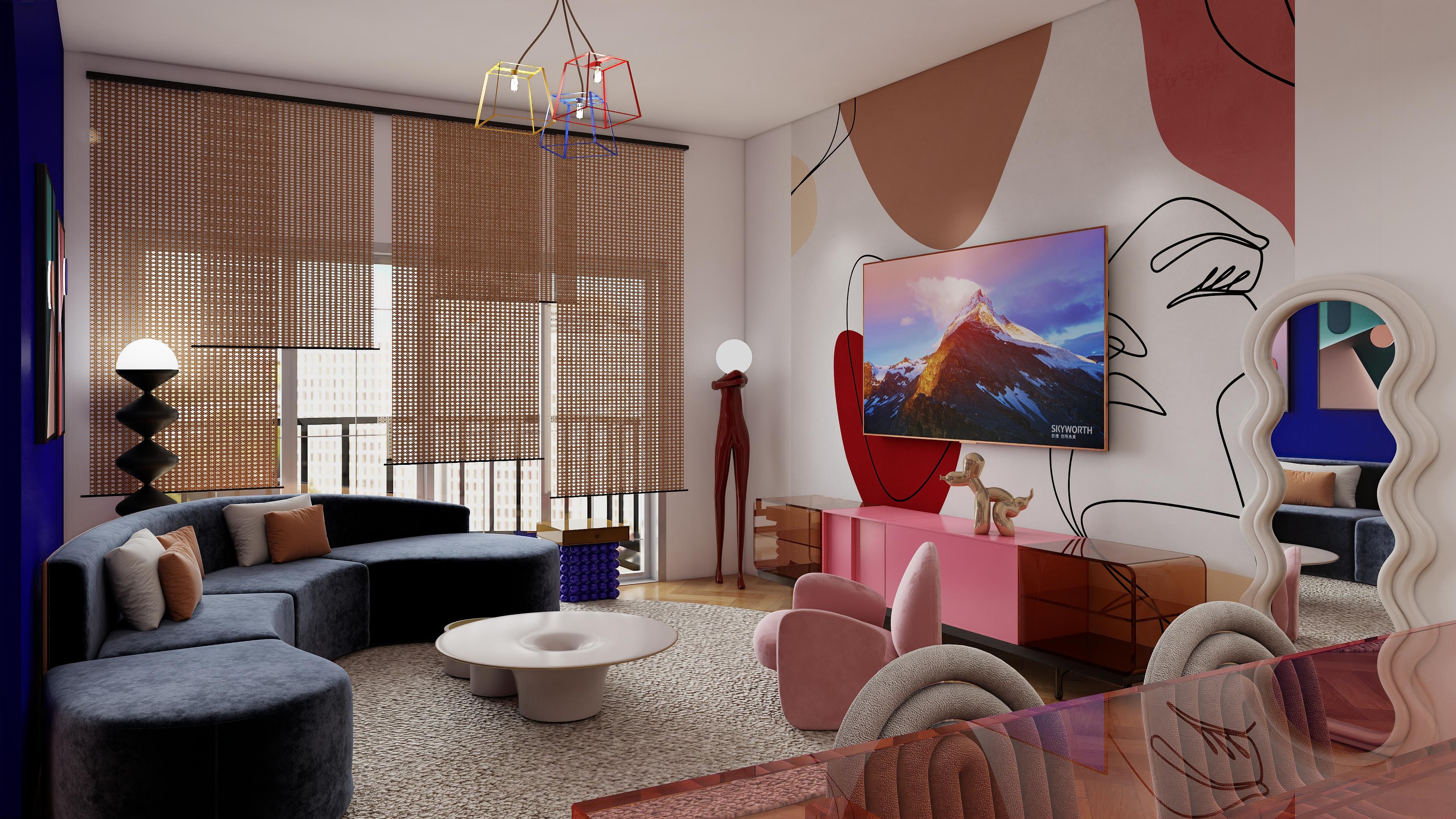 Styl Memphis: odważny design wnętrz z intensywnymi kolorami, geometrycznymi formami i eklektycznymi materiałami. Odkryj inspiracje i projektuj z AIHOUSE. Wypróbuj za darmo!